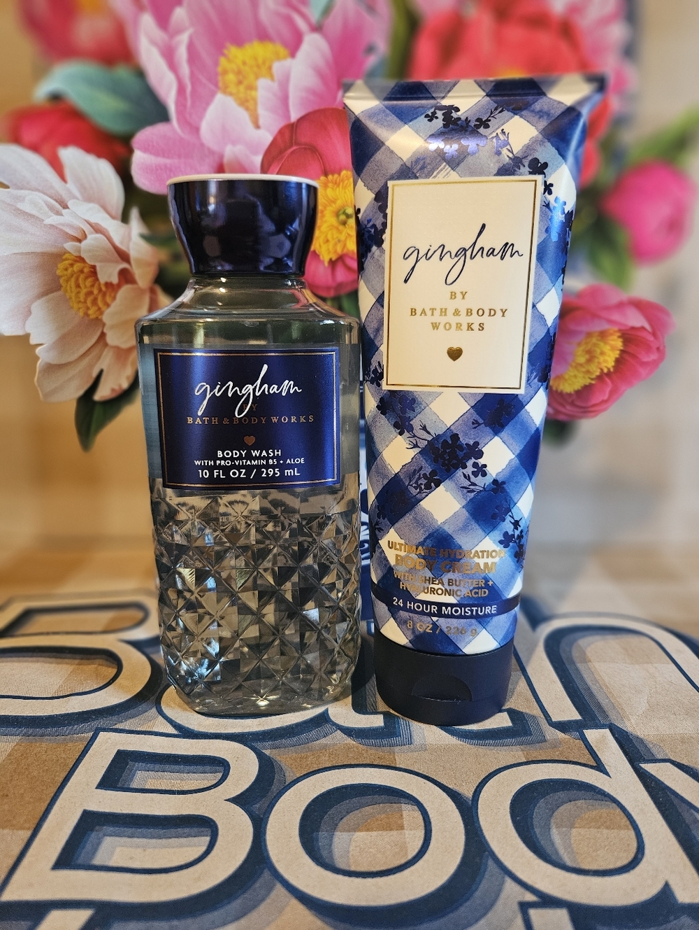 NWT Bath & Body Works Gingham Bodycare Set - Blue and White